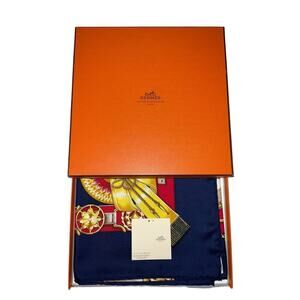 Hermes Carré 90 CHEVAUX DE TRAIT Navy x Multicolor Silk Scarf New W/Box